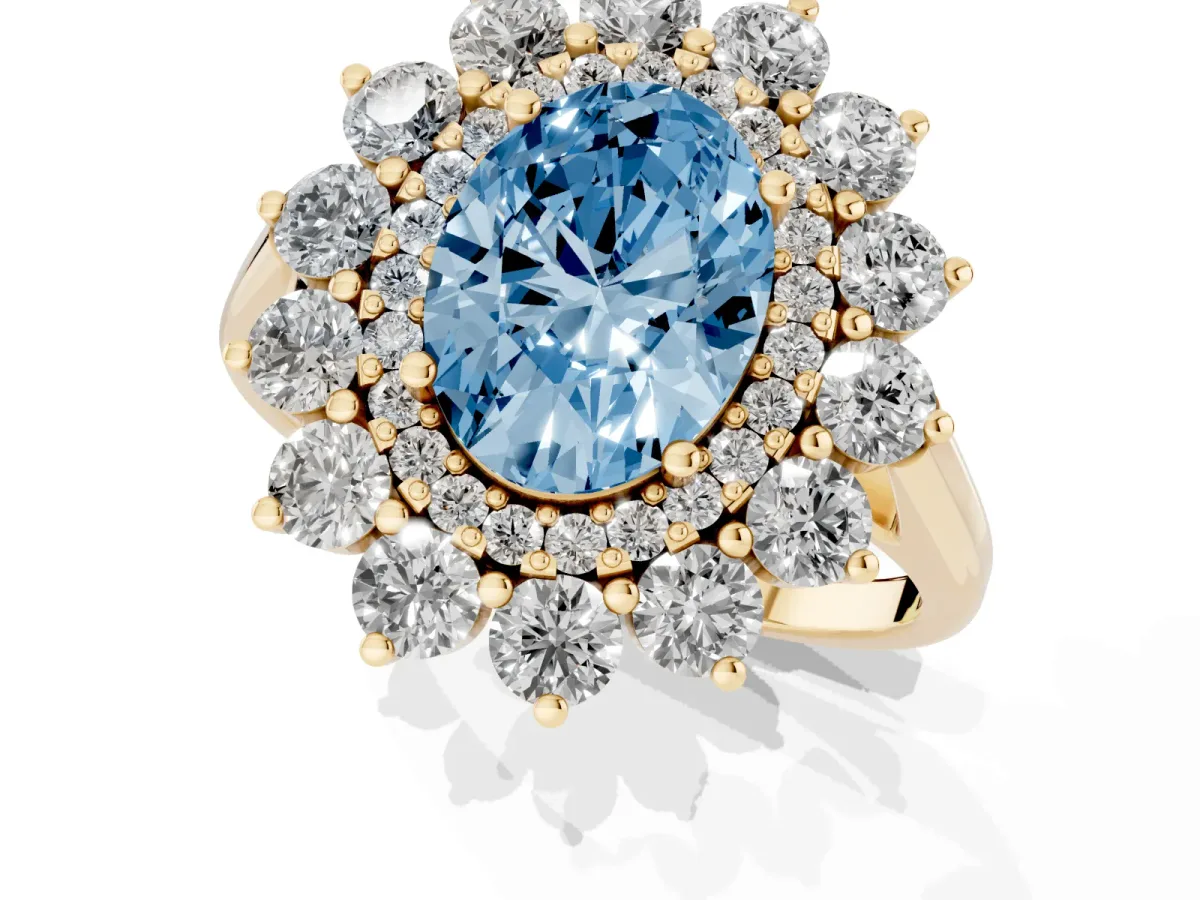 Fancy Blue Oval Cut Diamond Floral Double Halo Engagement Ring with Prong Setting Yellow gold