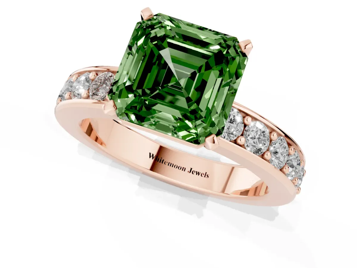 Fancy Green Asscher Cut Diamond Engagement Ring with Channel Set Round Band and Prong Setting Rose gold