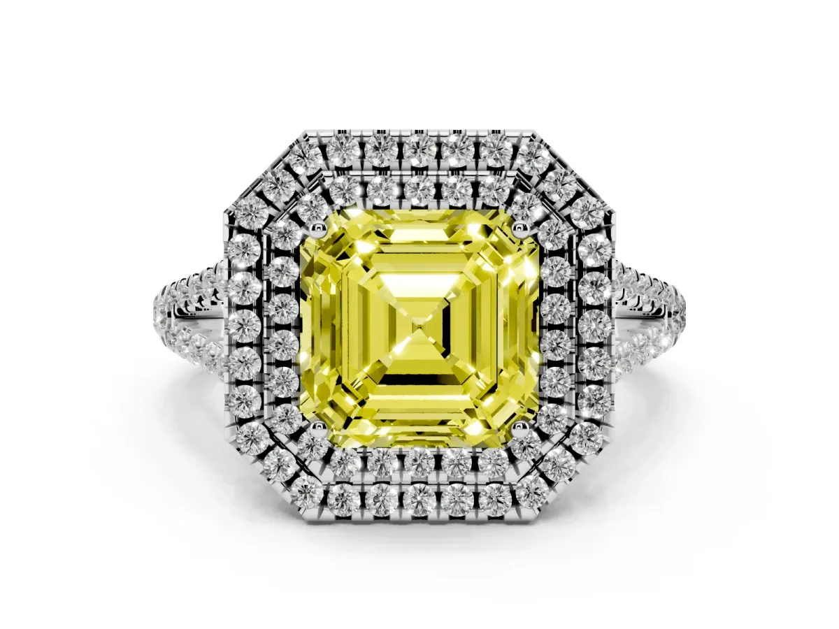Fancy Yellow Asscher Cut Diamond Double Halo Ring with Pavé Band and Prong Setting Platinum