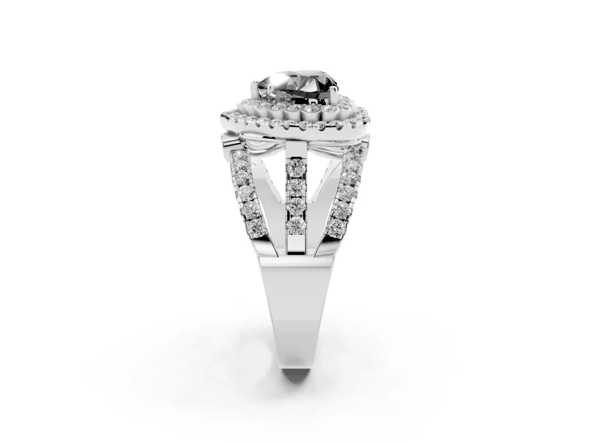 Fancy Black Heart Cut Diamond Double Halo Ring with Round Pavé Split Shank and Prong Setting Silver