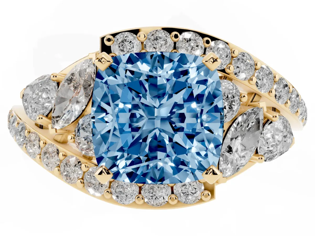 Fancy Blue Cushion Cut Diamond Halo Ring with Marquise and Pavé Band in Prong Setting Yellow gold