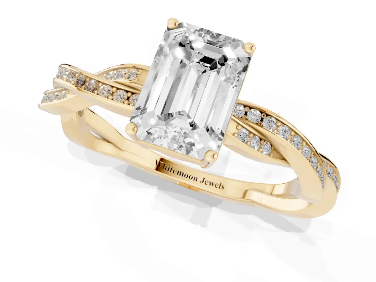 Emerald Cut Solitaire Twisted Pave Diamond Ring with Four-Prong Setting Yellow gold