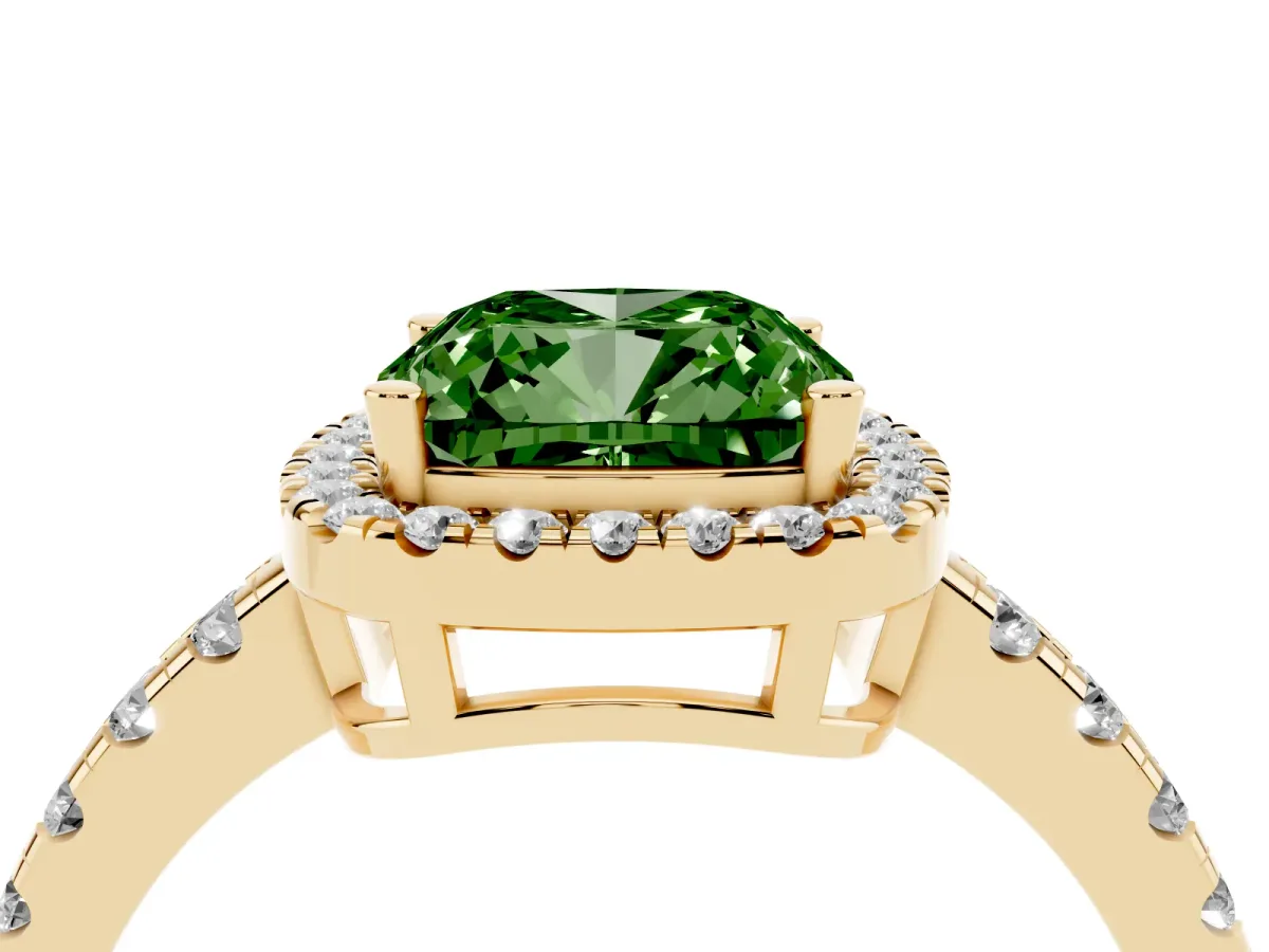 Fancy Green Cushion Cut Diamond Halo Ring with Pavé Band and Four-Prong Setting Yellow gold