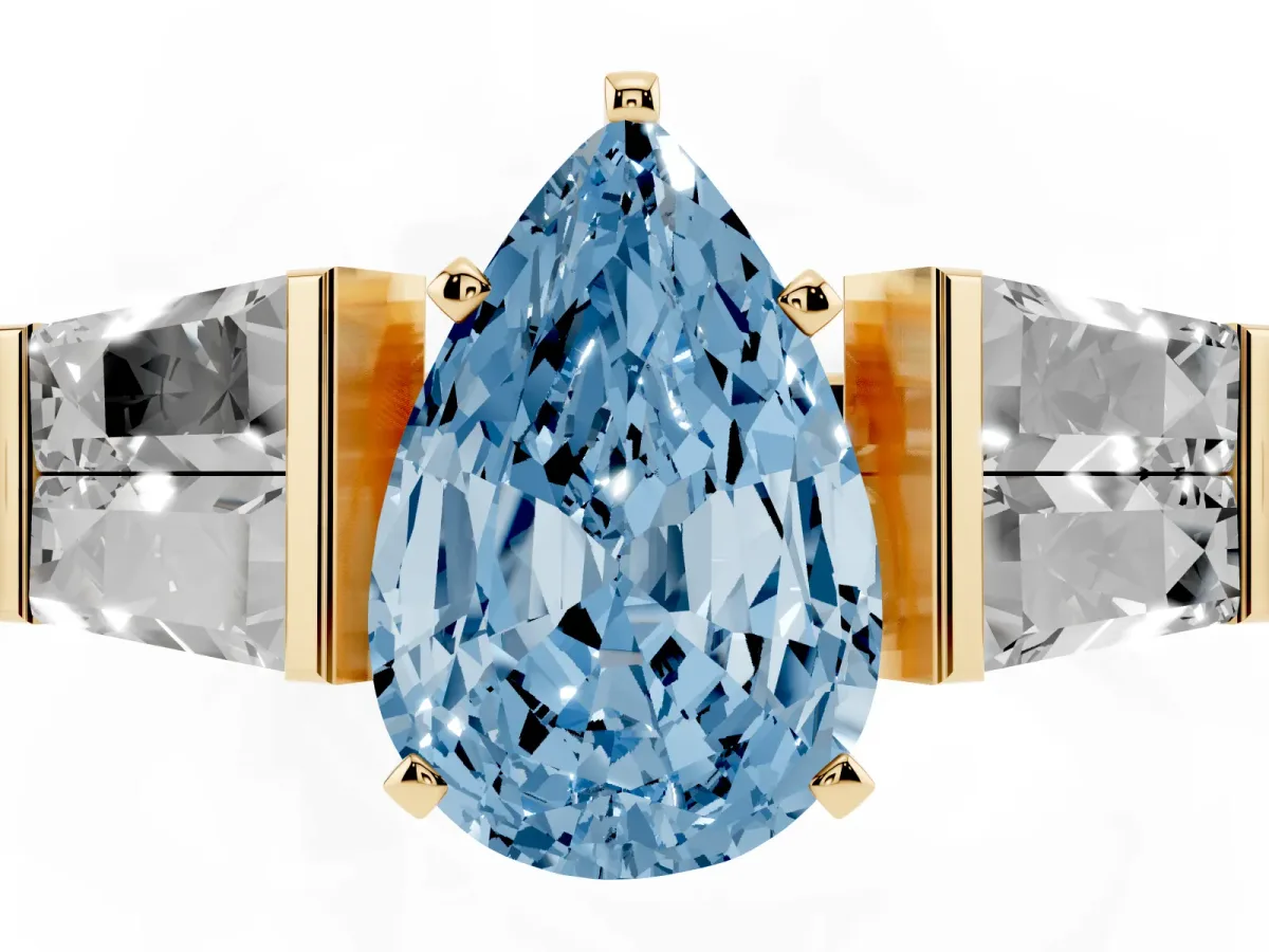 Fancy Blue Pear Cut Diamond Engagement Ring with Baguette Side Stones and Channel Set Band Yellow gold