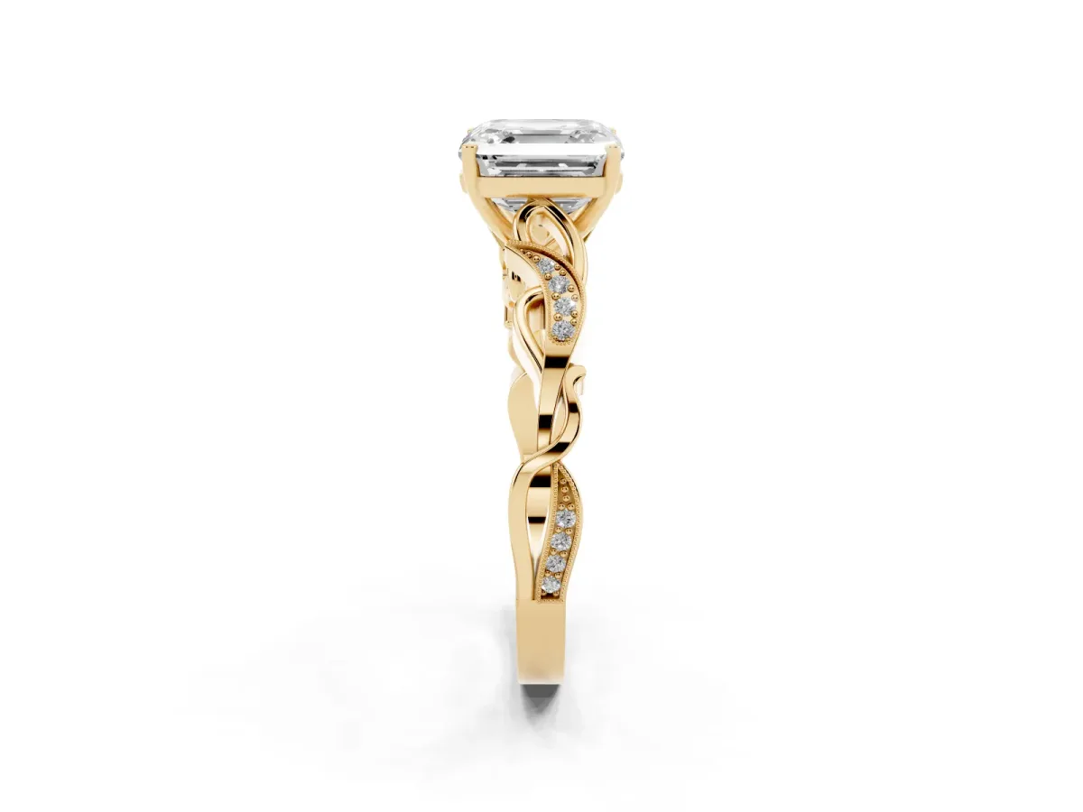 Asscher Cut Solitaire Vine Band with Milgrain Prong Setting Yellow gold