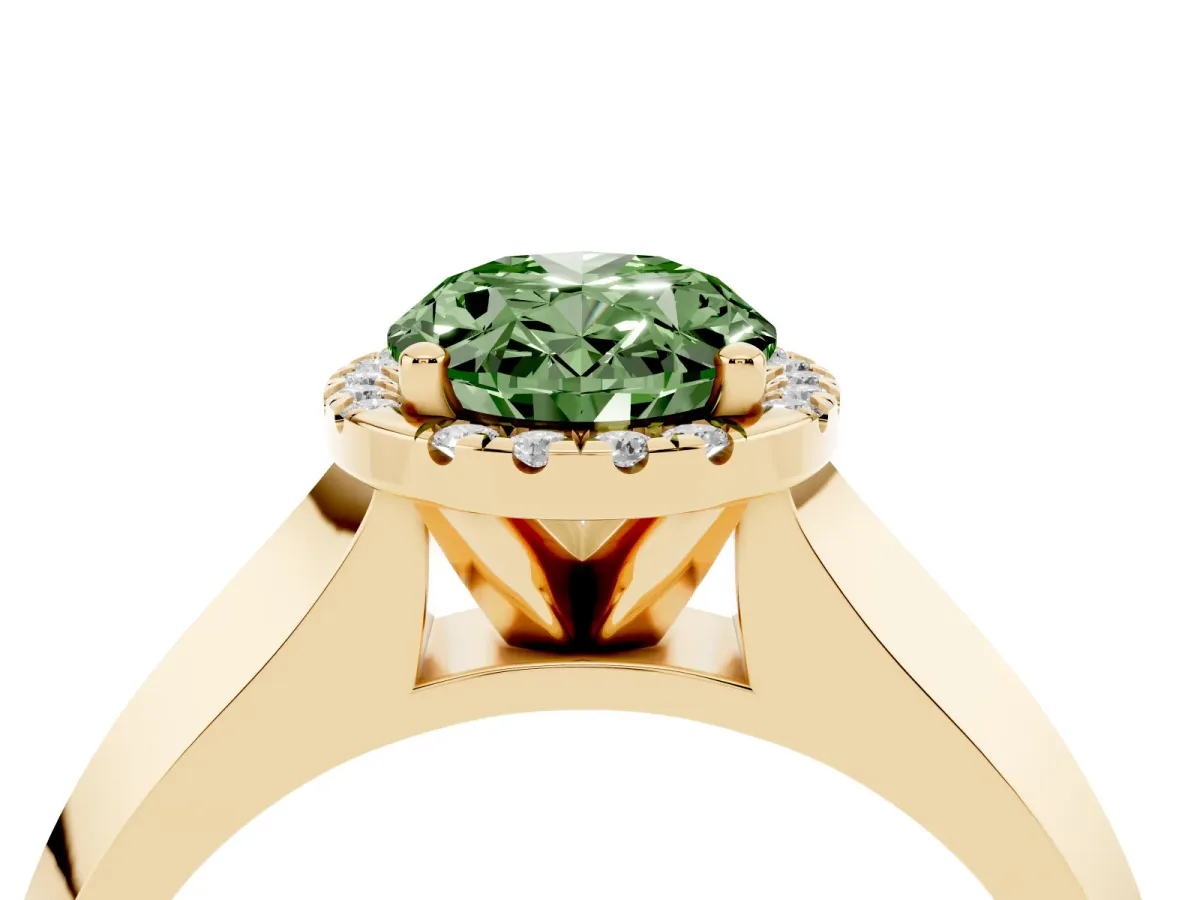 Fancy Green Oval Cut Halo Diamond Ring with Cathedral Band and Four-Prong Setting Yellow gold