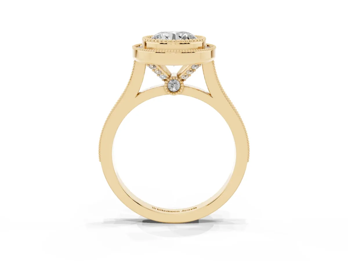 Round Cut Diamond Halo Ring with Milgrain Frame and Pavé Band Yellow gold