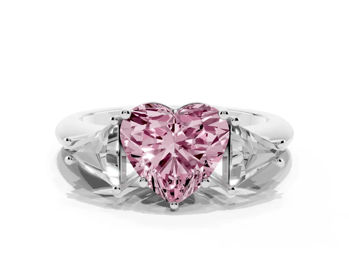 Fancy Pink Three-Stone Heart Cut Diamond Engagement Ring with Trillion Side Stones and Prong Setting Silver
