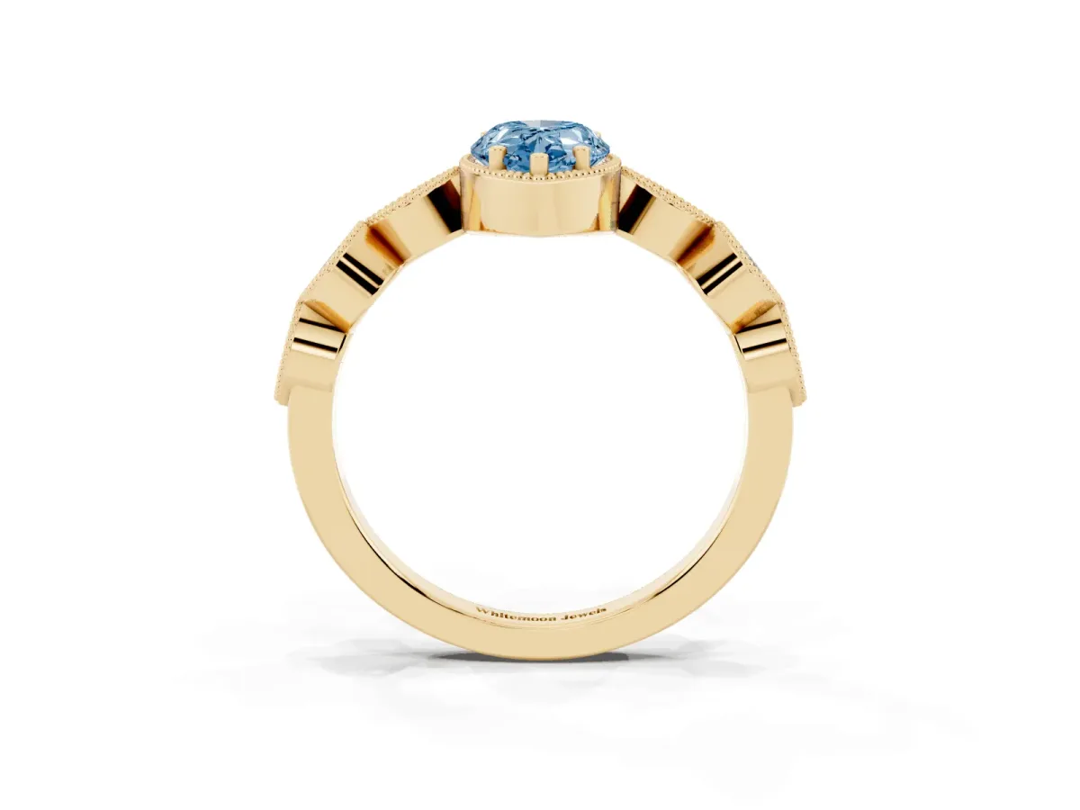 Fancy Blue Pear Cut Diamond Vintage Milgrain Ring with Round Stations Yellow gold