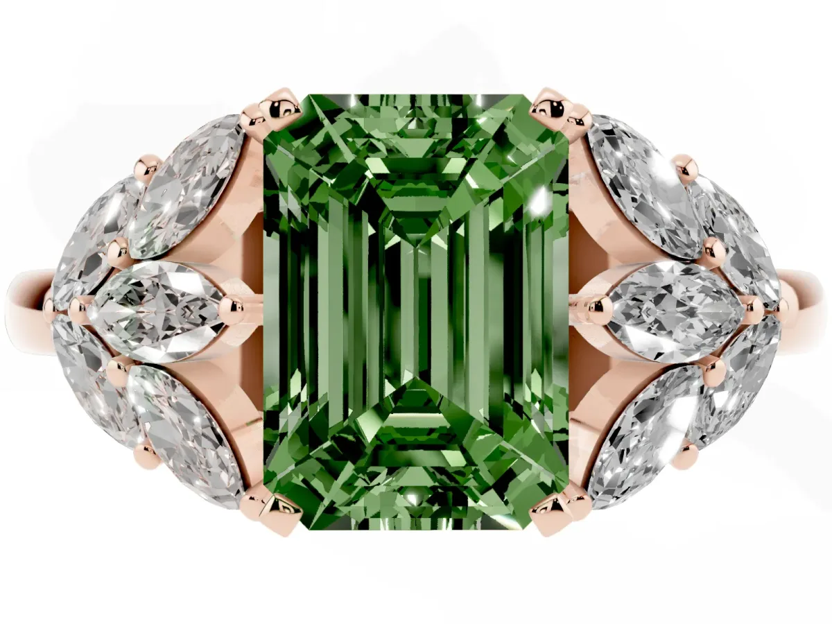 Fancy Green Emerald Cut Diamond Cluster Leaf Design Ring with Prong Setting Rose gold