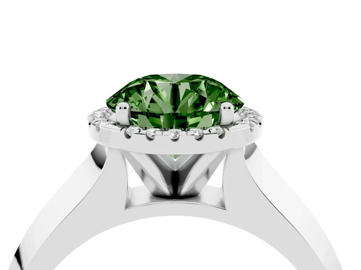 Fancy Green Round Cut Halo Diamond Ring with Cathedral Band and Four-Prong Setting White gold