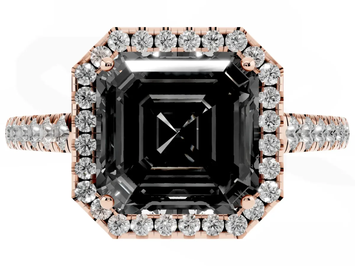 Fancy Black Asscher Cut Halo Pave Diamond Engagement Ring with Four-Prong Setting Rose gold