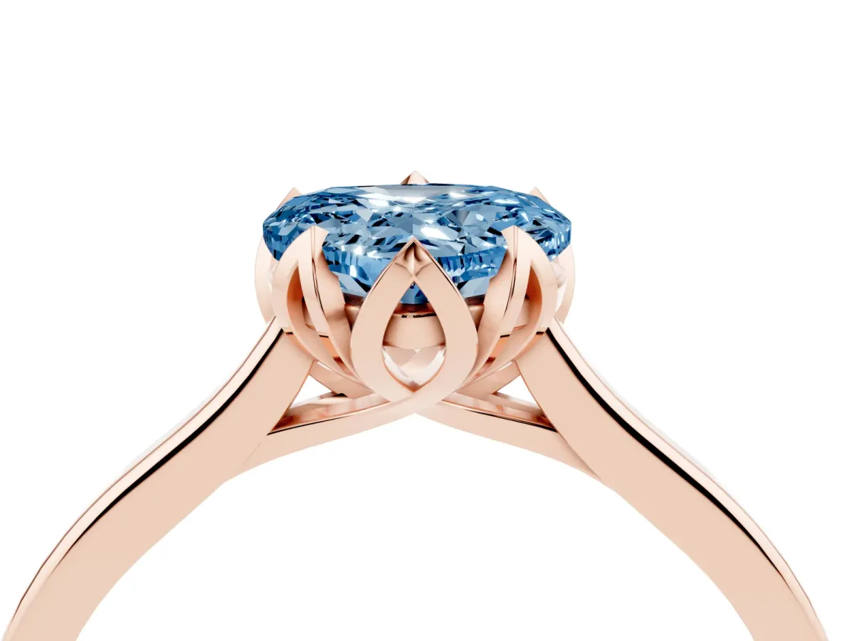 Fancy Blue Heart Cut Diamond Solitaire Ring with Flower Prong Setting and Classic Band Rose gold