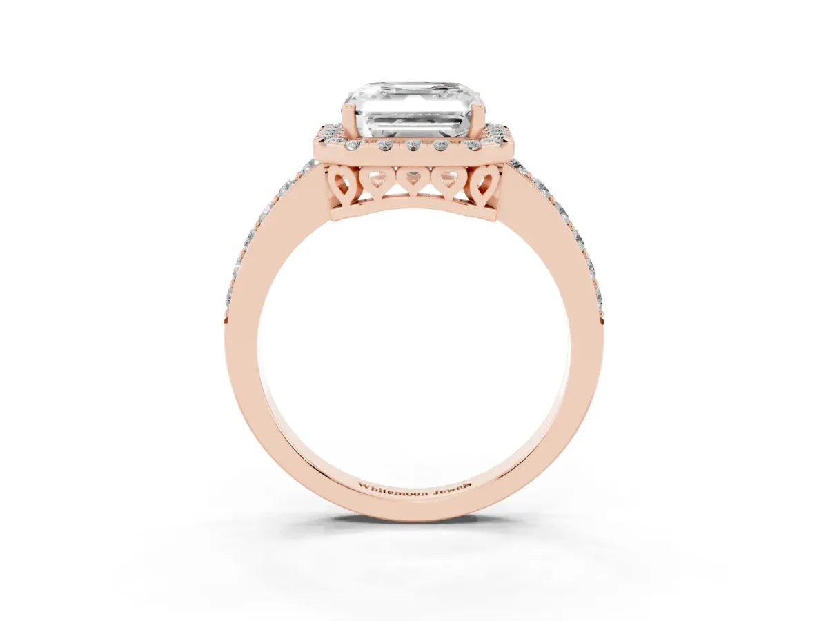 Asscher Cut Halo Diamond Pavé Band Ring with Prong Setting Rose gold