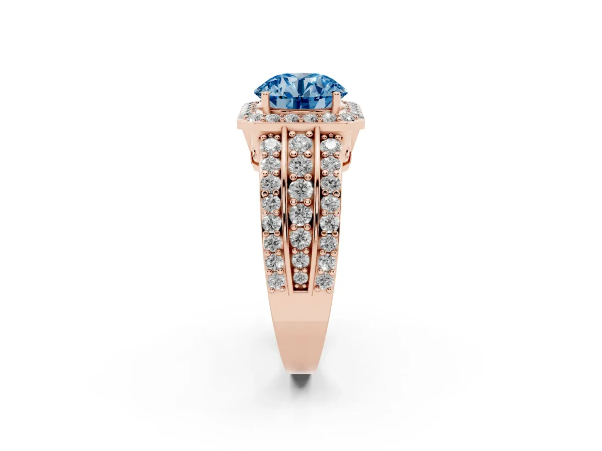 Fancy Blue Round Cut Halo Diamond Ring with Round Split Shank and Prong Setting Rose gold