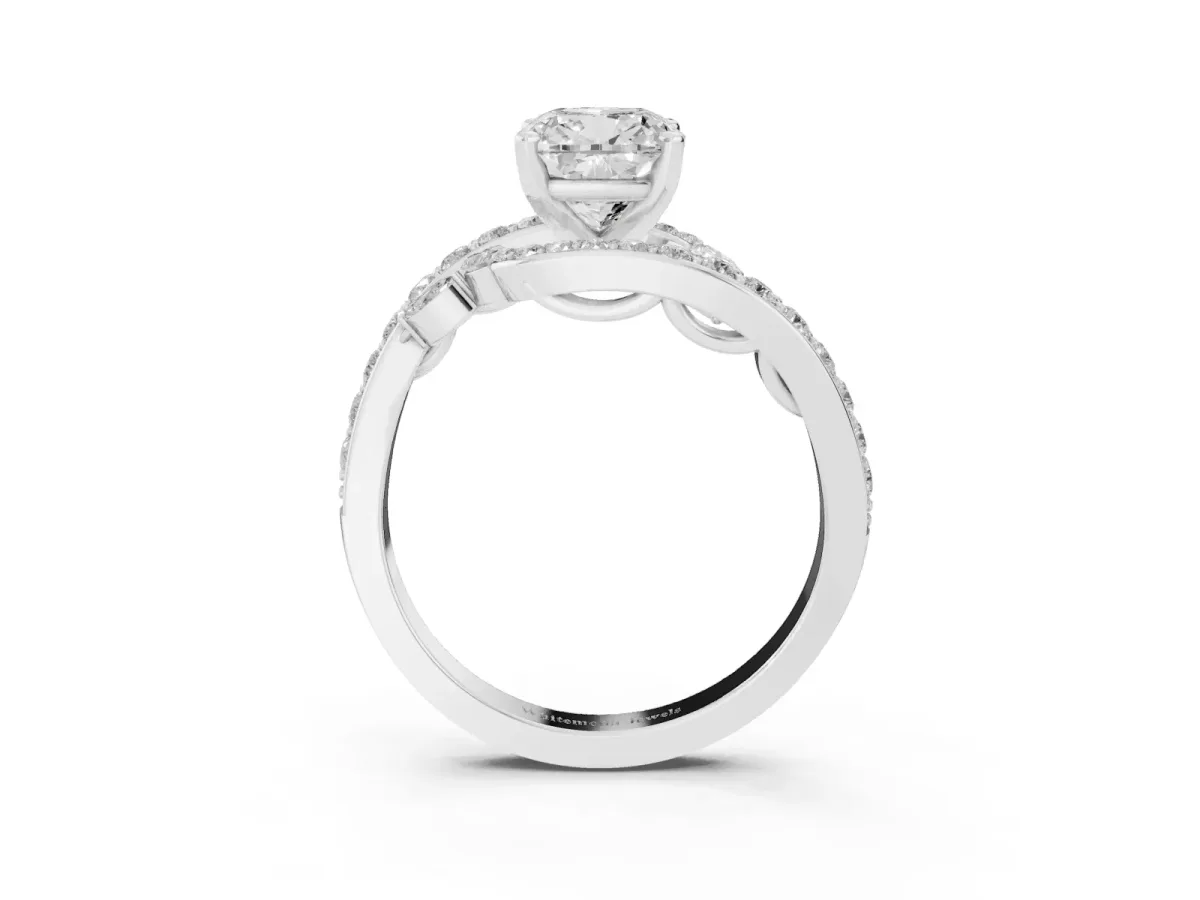 Cushion Cut Diamond Solitaire Ring with Filigree Band and Four-Prong Setting Silver