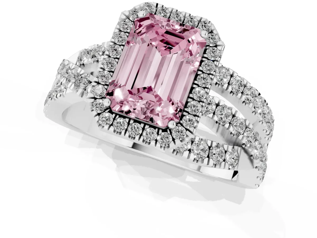 Fancy Pink Emerald Cut Diamond Halo Ring with Round Split Shank and Prong Setting Platinum