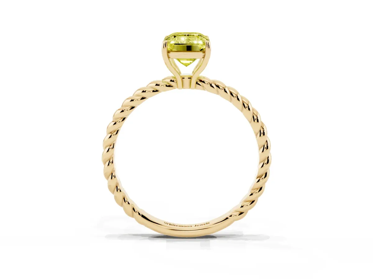 Fancy Yellow Emerald Cut Solitaire Twist Band Ring with Four-Prong Setting Yellow gold