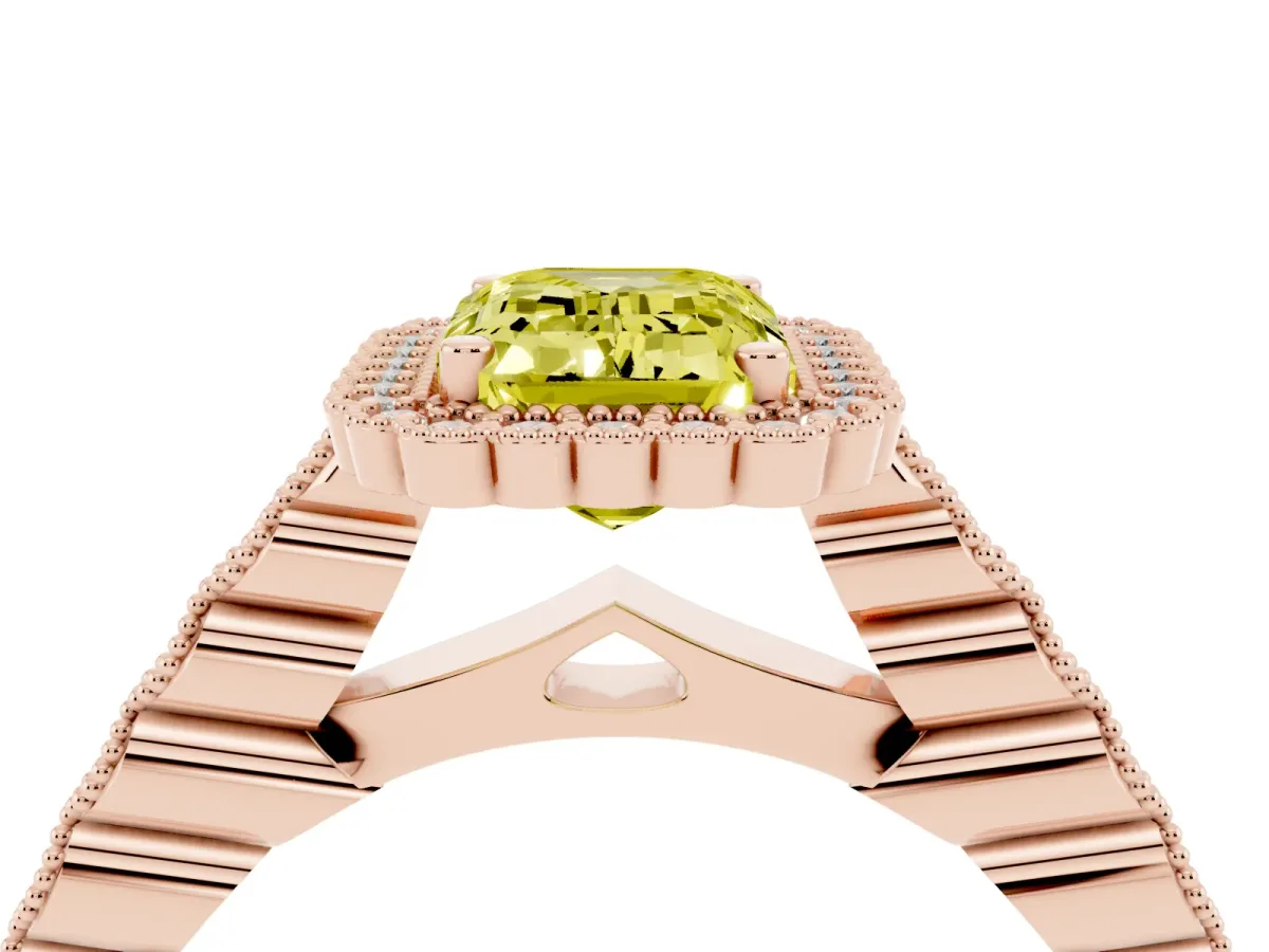 Fancy Yellow Emerald Cut Cut Halo Pavé Solitaire Ring with Milgrain Band Rose gold