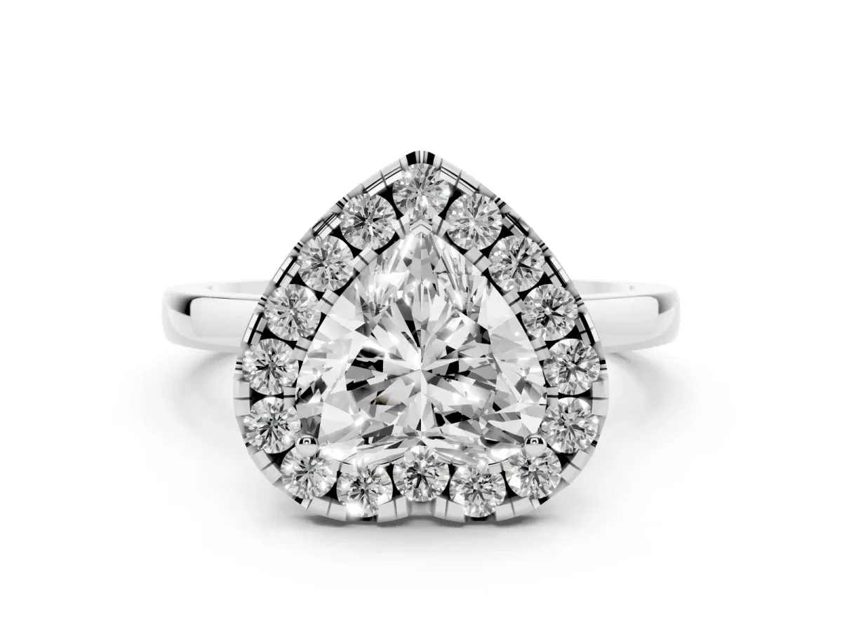 Heart Cut Halo Diamond Solitaire with Pavé Band and Four-Prong Setting Platinum