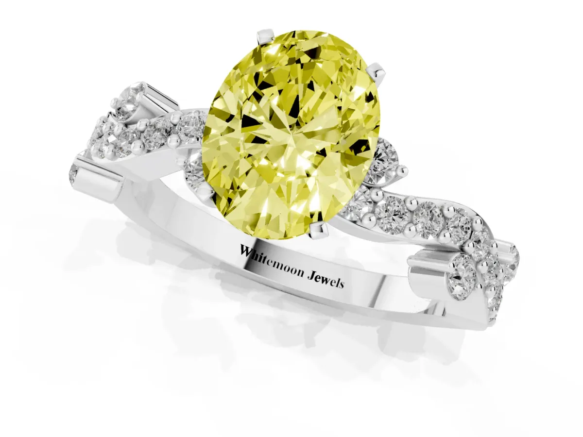Fancy Yellow Oval Cut Cut Solitaire Diamond Twisted Band with Pave Setting Silver