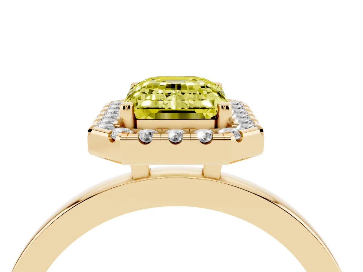 Fancy Yellow Emerald Cut Halo Diamond Solitaire with Pavé Band and Four-Prong Setting Yellow gold