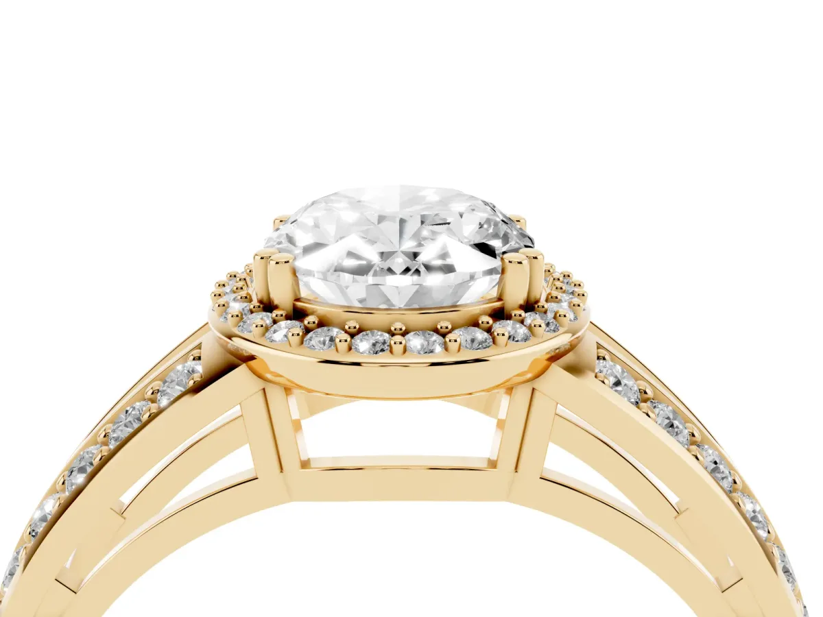 Oval Cut Diamond Halo Ring with Split Shank Pavé Band and Four-Prong Setting Yellow gold