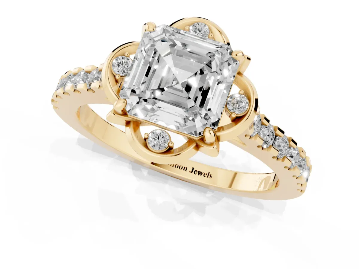 Asscher Cut Diamond Ring with Pavé Band and Floral Prong Setting Yellow gold