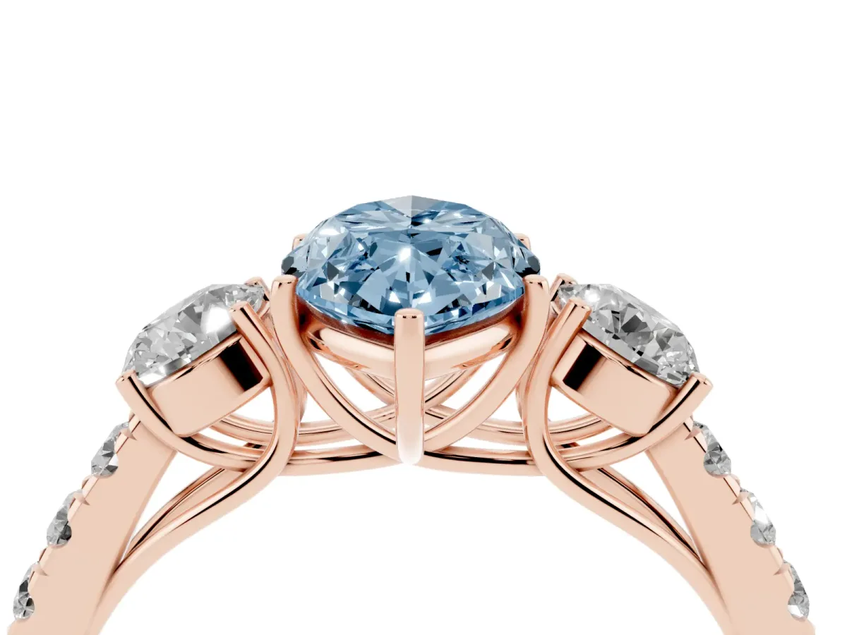Fancy Blue Marquise Cut Cut Diamond Three-Stone Ring with Round Side Stones and Pavé Band Rose gold