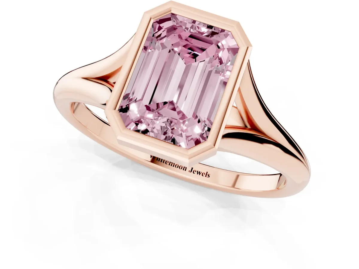 Fancy Pink Bezel Set Emerald Cut Cut Solitaire Ring with Tapered Band Rose gold