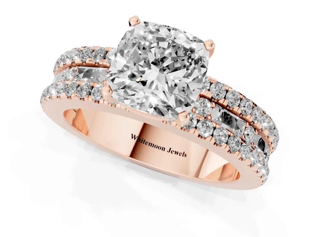 Cushion Cut Diamond Solitaire Ring with Pavé and Channel Set Band Rose gold