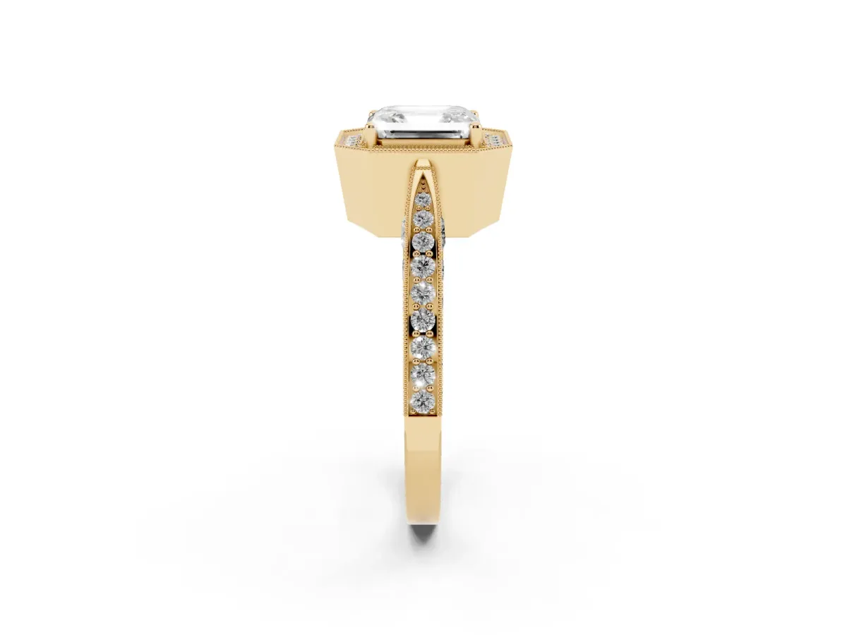 Asscher Cut Halo Diamond Engagement Ring with Split Shank Band and Four-Prong Setting Yellow gold