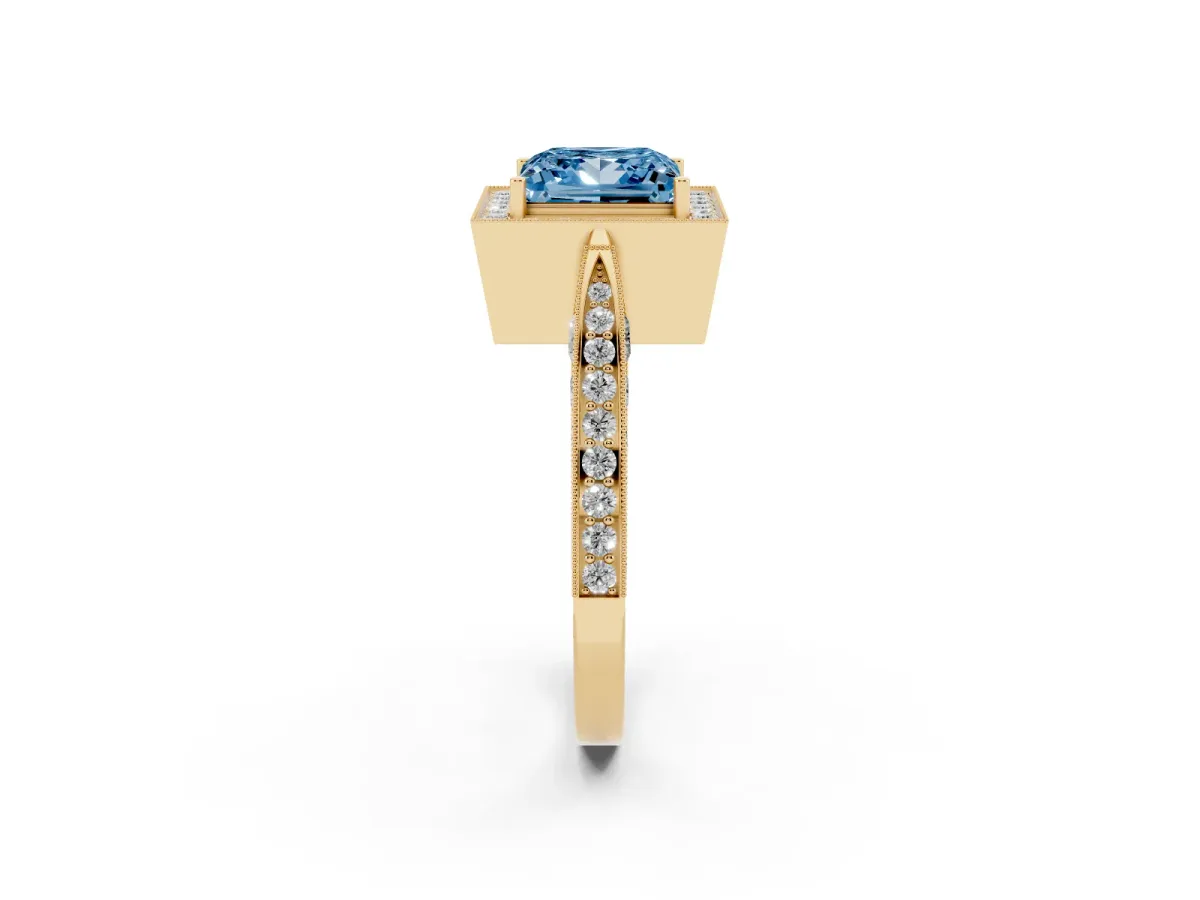 Fancy Blue Princess Cut Halo Diamond Engagement Ring with Split Shank Band and Four-Prong Setting Yellow gold