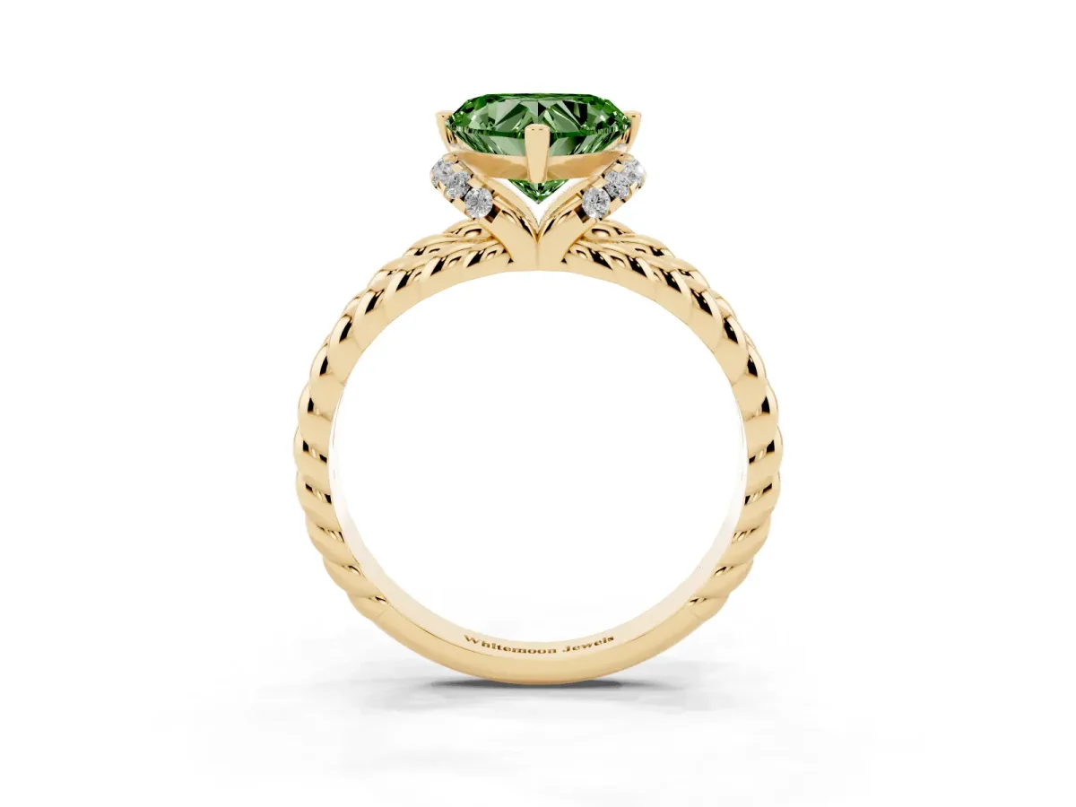 Fancy Green Heart Cut Halo Twisted Band Four-Prong Ring Yellow gold