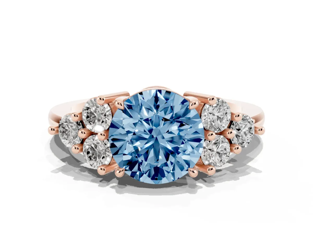 Fancy Blue Round Cut Brilliant Diamond Cluster Accent Solitaire Ring with Prong Setting Rose gold