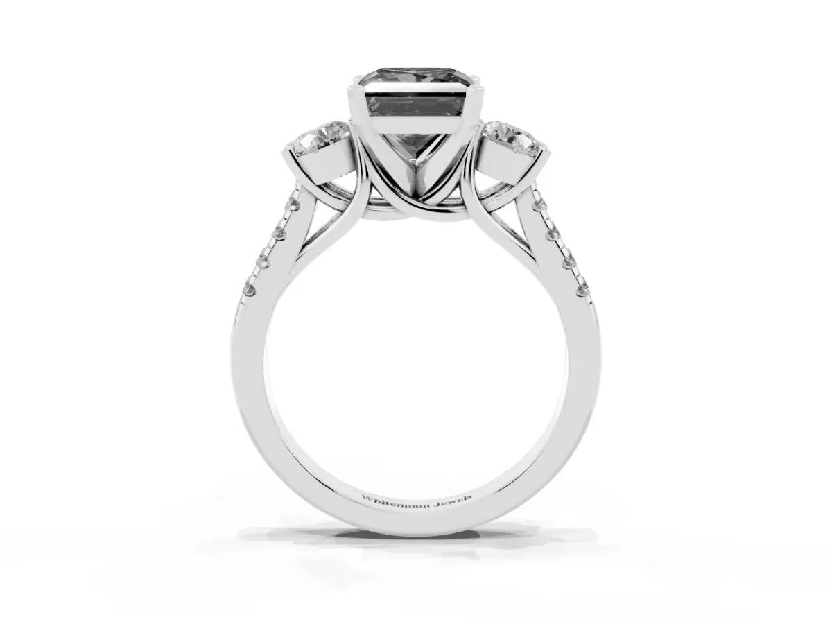 Fancy Black Three-Stone Princess Cut Diamond Pavé Band with Four-Prong Setting Silver