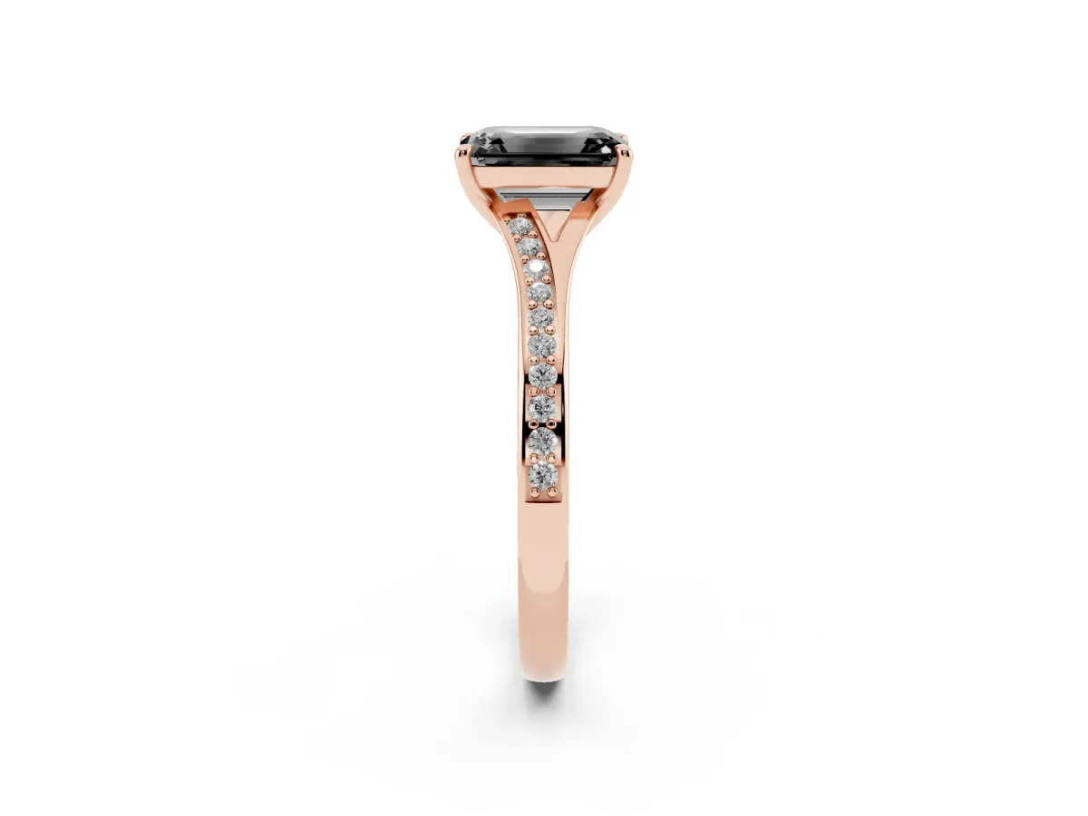 Fancy Black Emerald Cut Diamond Solitaire Ring with Pavé Band and Prong Setting Rose gold