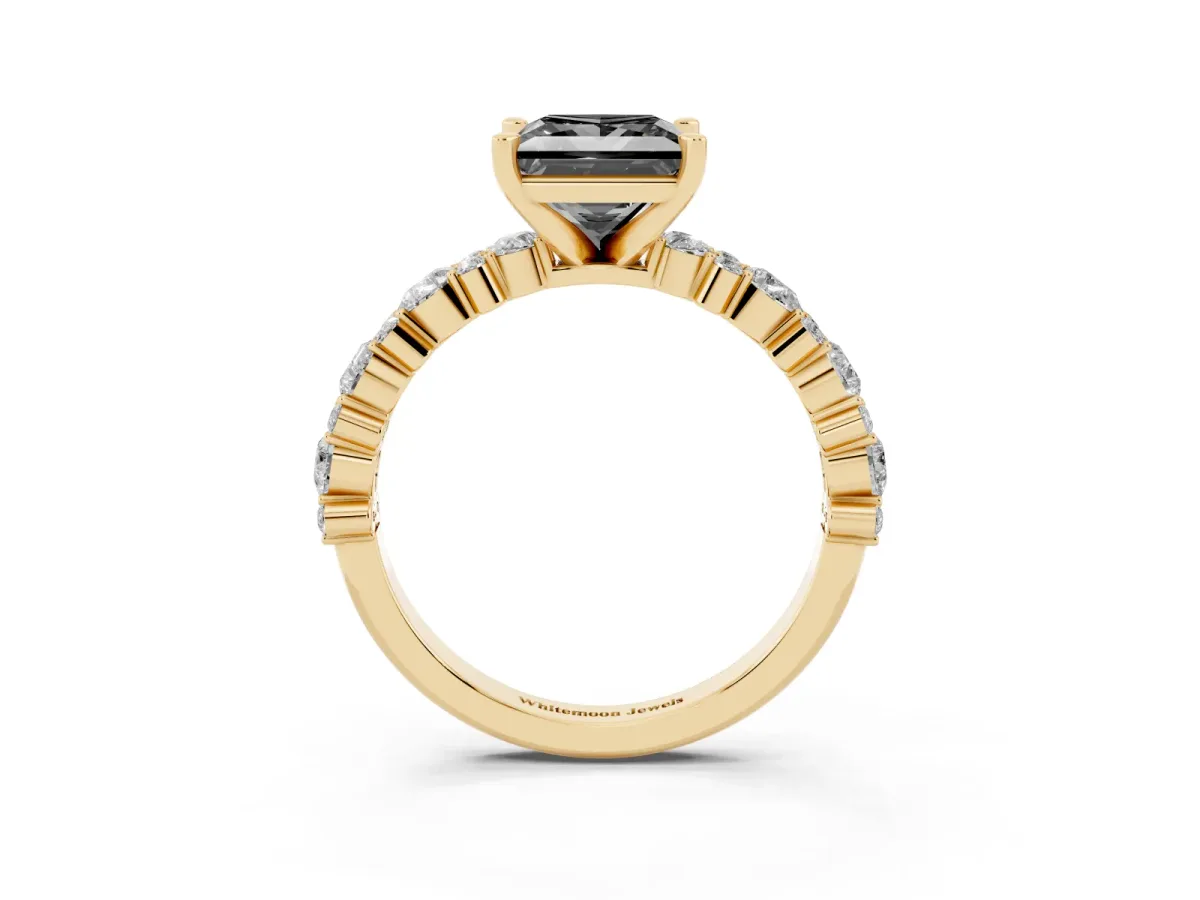 Fancy Black Princess Cut Diamond Side Stone Solitaire Ring with Round and Four-Prong Setting Yellow gold