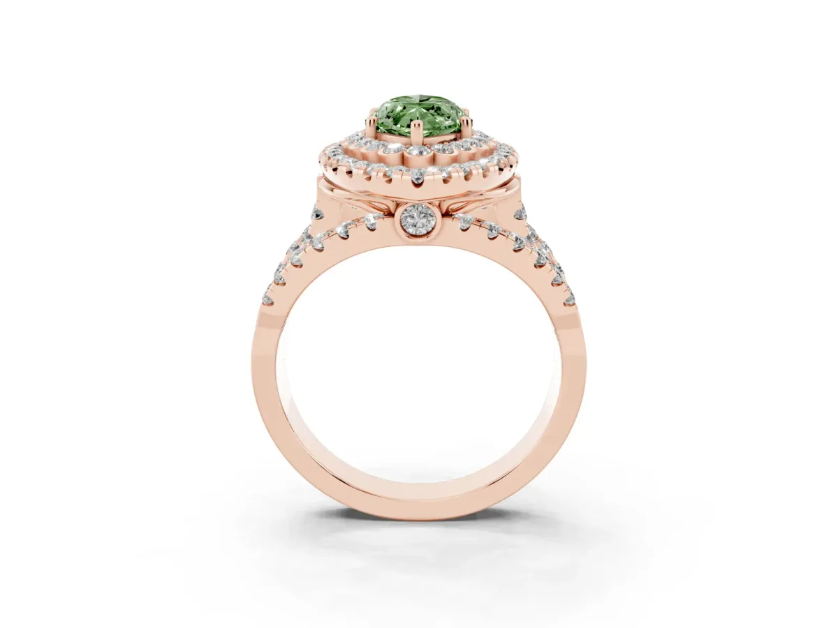 Fancy Green Marquise Cut Diamond Double Halo Ring with Round Pavé Split Shank and Prong Setting Rose gold