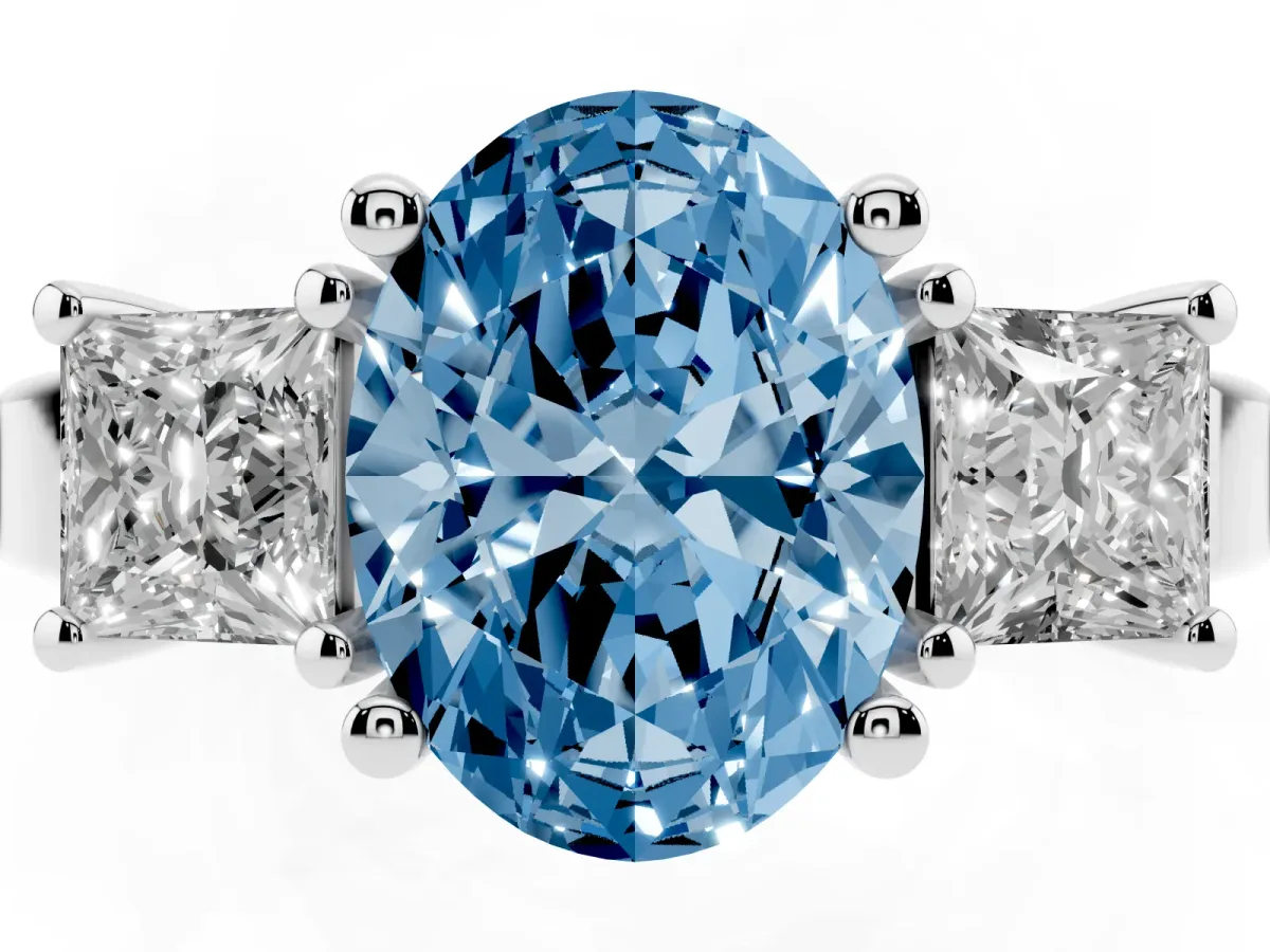 Fancy Blue Three-Stone Oval Cut Cut Solitaire Ring with Prong Setting White gold