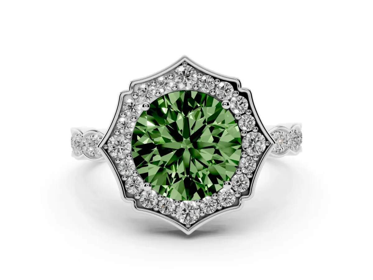 Fancy Green Round Cut Halo Diamond Engagement Ring with Milgrain Band and Four-Prong Setting White gold
