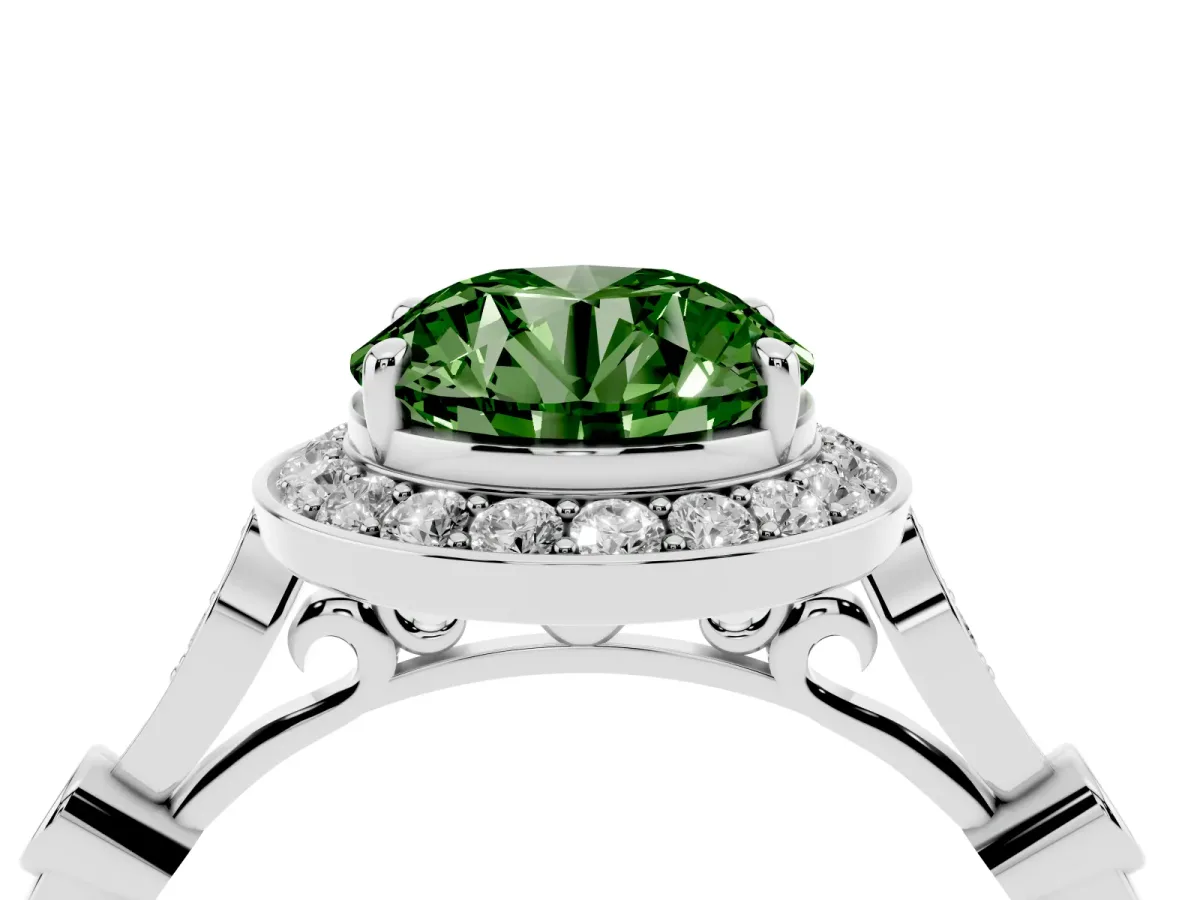 Fancy Green Round Cut Halo Diamond Engagement Ring with Twisted Band and Four-Prong Setting Platinum