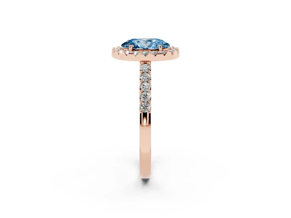 Fancy Blue Oval Cut Halo Diamond Pavé Solitaire Ring Rose gold