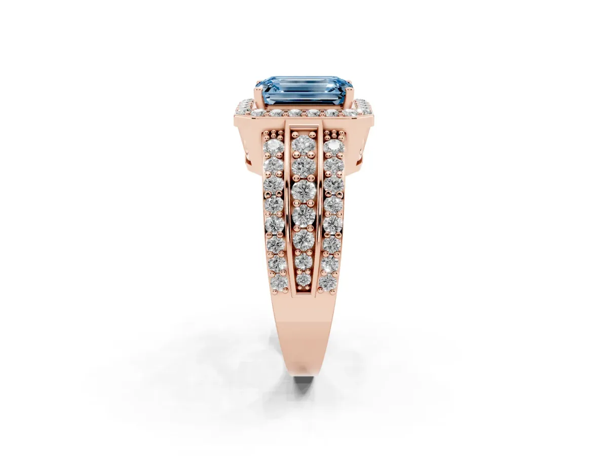 Fancy Blue Emerald Cut Halo Diamond Ring with Round Split Shank and Prong Setting Rose gold