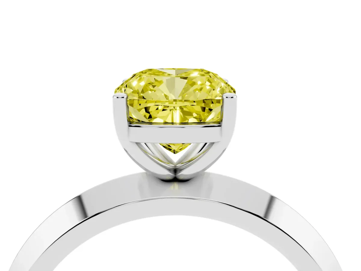 Fancy Yellow Cushion Cut Cut Solitaire Engagement Ring with Flat Band and Four-Prong Setting Platinum