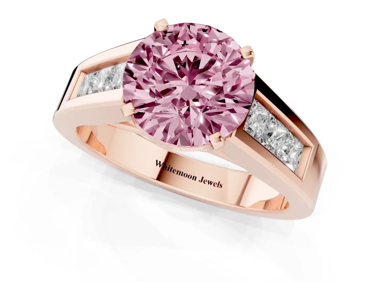 Fancy Pink Round Cut Cut Channel Set Solitaire Ring with Four-Prong Setting Rose gold