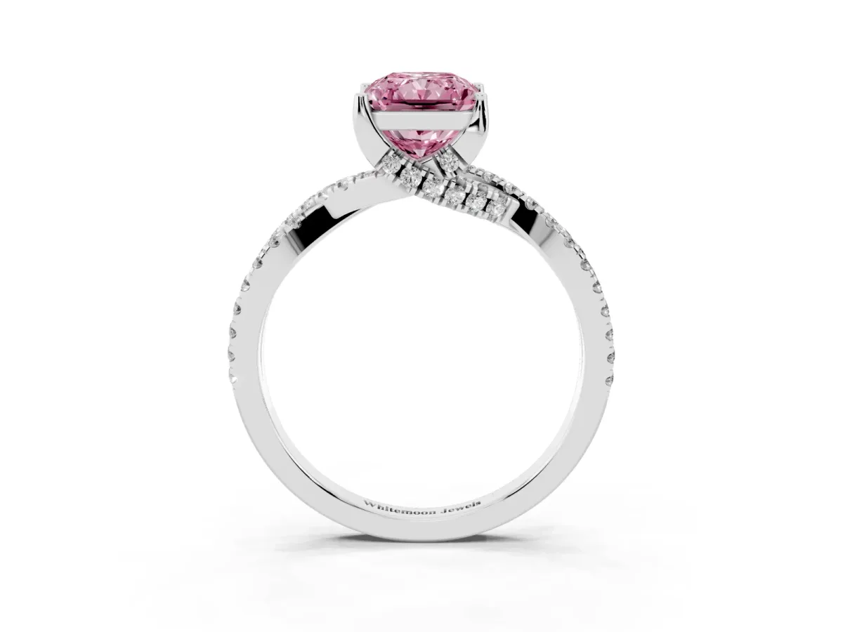 Fancy Pink Radiant Cut Solitaire Twist Pave Diamond Engagement Ring with Prong Setting Silver