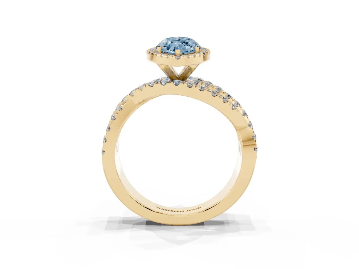 Fancy Blue Marquise Cut Diamond Halo Ring with Round Split Shank and Prong Setting Yellow gold
