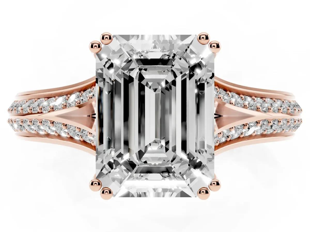Emerald Cut Diamond Split Shank Engagement Ring with Pavé Band Rose gold