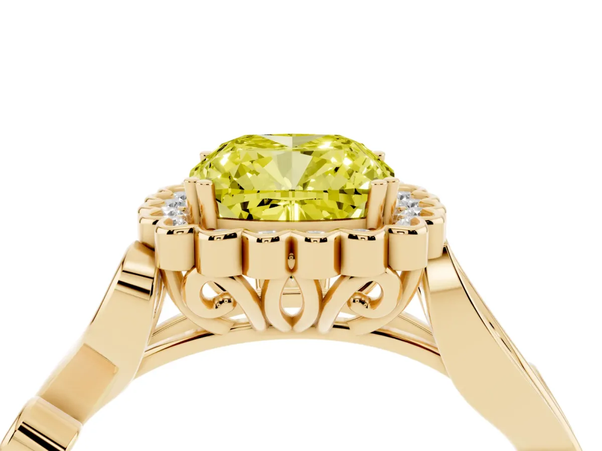 Fancy Yellow Cushion Cut Diamond Halo Ring with Vintage Split Shank and Four-Prong Setting Yellow gold